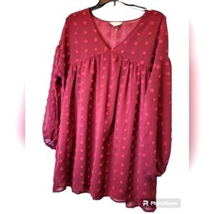 Entro Burgundy small puff dots chiffon lined dress vneck baby doll fit